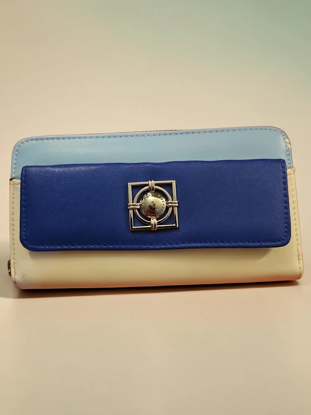 Catherine Malandrino Blue, Light Blue & Cream Trifold Wallet with Silver Emblem